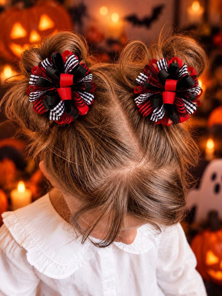 2 buah Jepit Rambut Halloween untuk Anak Perempuan, Jepit Rambut Hydrangea Kotak-kotak Merah & Hitam, Aksesori Rambut untuk Pesta & Sehari-hari - MultiWarna - View 1