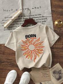 Baby Boy Street Style T-Shirt, "Sleeping In The Sunshine" Sun Print Short Sleeve Top, Soft, Suitable For Daily Play And Outdoor Activities - Apricot - View 4