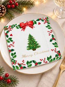 48/24/1pc Christmas-Themed Party Napkins, Disposable Christmas-Print Napkins, Christmas Decorations, Christmas Tree And Bow Patterned Napkins. Suitable For Christmas Parties, Table Settings, Holiday Dinners, And Themed Party Decorations. Can Be Used For Plating Or Wiping, Enhancing Table Aesthetics. Ideal For Christmas Decorations, Party Preparations, And Holiday Gifts. - Multicolor - View 2