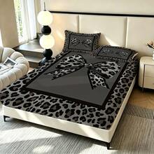 Fitted Sheet Set (1 Fitted Sheet + 2 Pillowcases), Leopard Print Bow Contrast Color Pattern, Soft & Skin-Friendly, Multiple Sizes Available, All Season Use, Anti-Pilling, Suitable For Single/Double Beds, Ideal For Bedroom, Dorm, Guest Room, Daily Use, Holiday Gift Choice - Multicolor - View 9