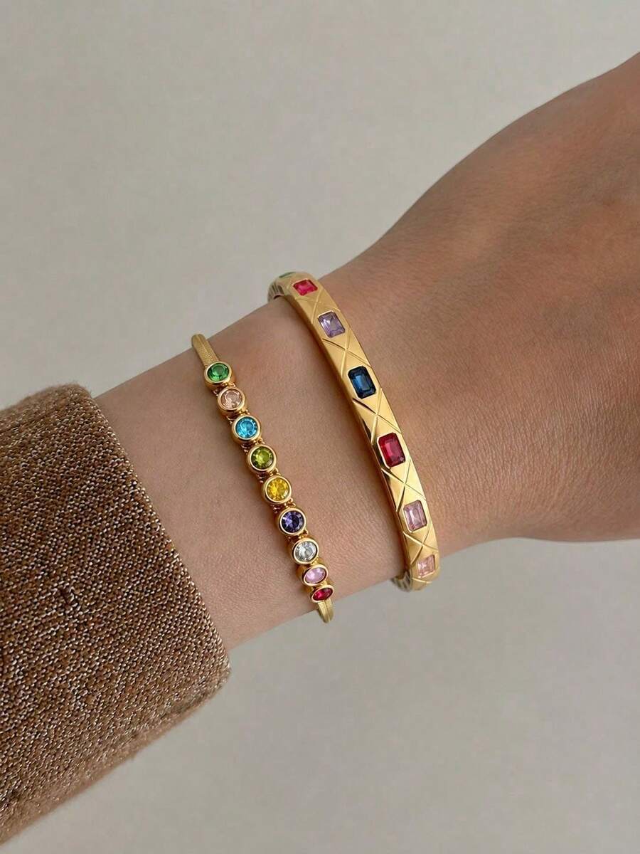 Camhanno Set Perhiasan Kristal Pelangi yang Memukau, Gelang Rantai Tulang Ikan Zirkonia Berwarna-warni, Gelang Belah Ketupat Berlapis Emas, Aksesori Hadiah Wanita Modis yang Dapat Ditumpuk - MultiWarna - View 1