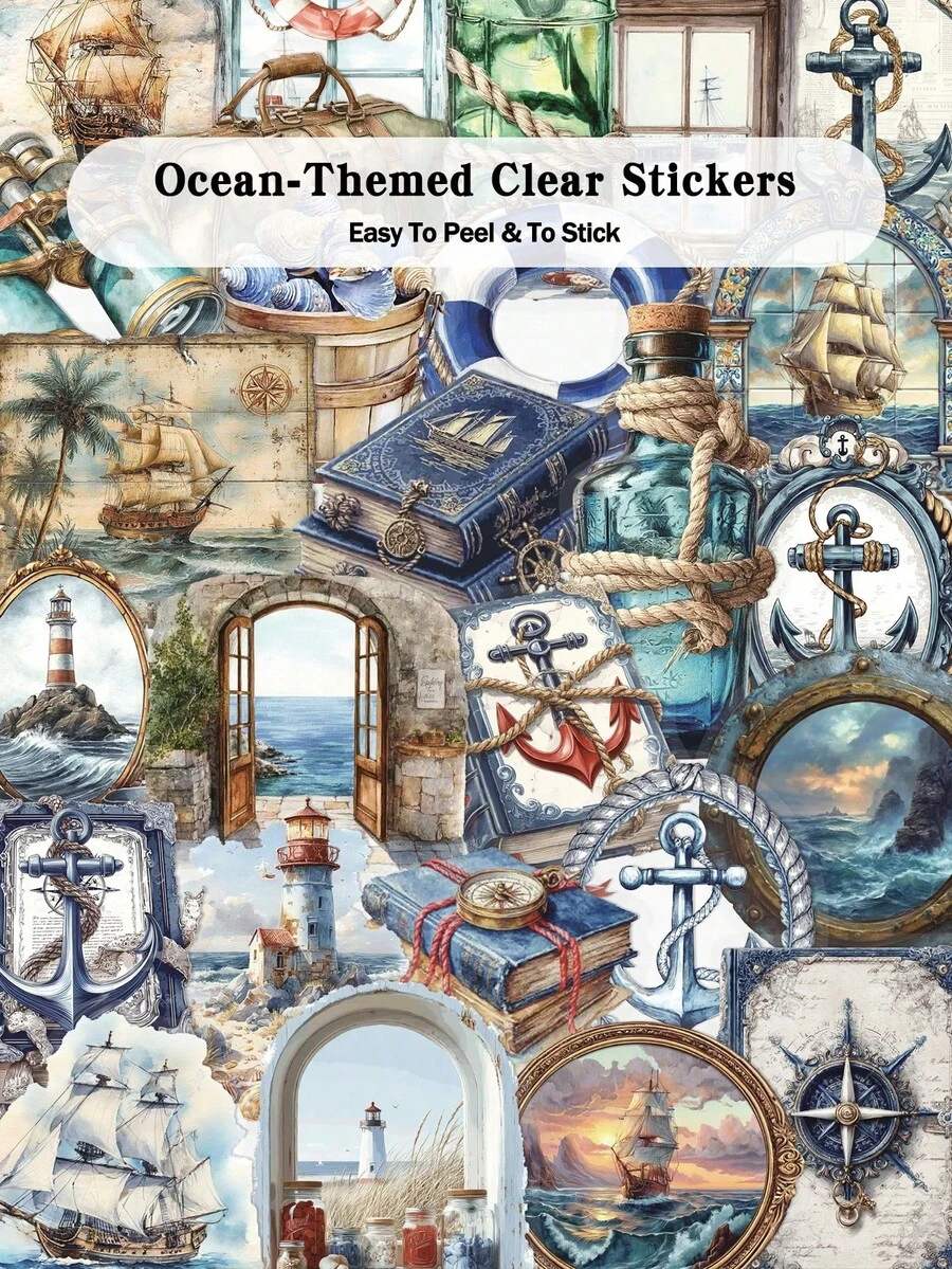 50pcs Ocean-Themed Clear Stickers For Skateboards, Guitars, Laptops, Scrapbooks, Suitcases, Refrigerators, Storage Boxes, Decor DIY Graffiti Stickers - A - View 1