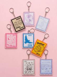 1pc/8pcs Bangtang K-Pop Music Stamp Pattern Keychain, Acrylic Rectangular Wavy Edge Metal Buckle Functional Bag Charm Decorative Pendant, Suitable For Fan Meetings, Concerts, Birthday Gifts, Back To School, Campus Daily, Travel And All Seasons - Multicolor - View 5