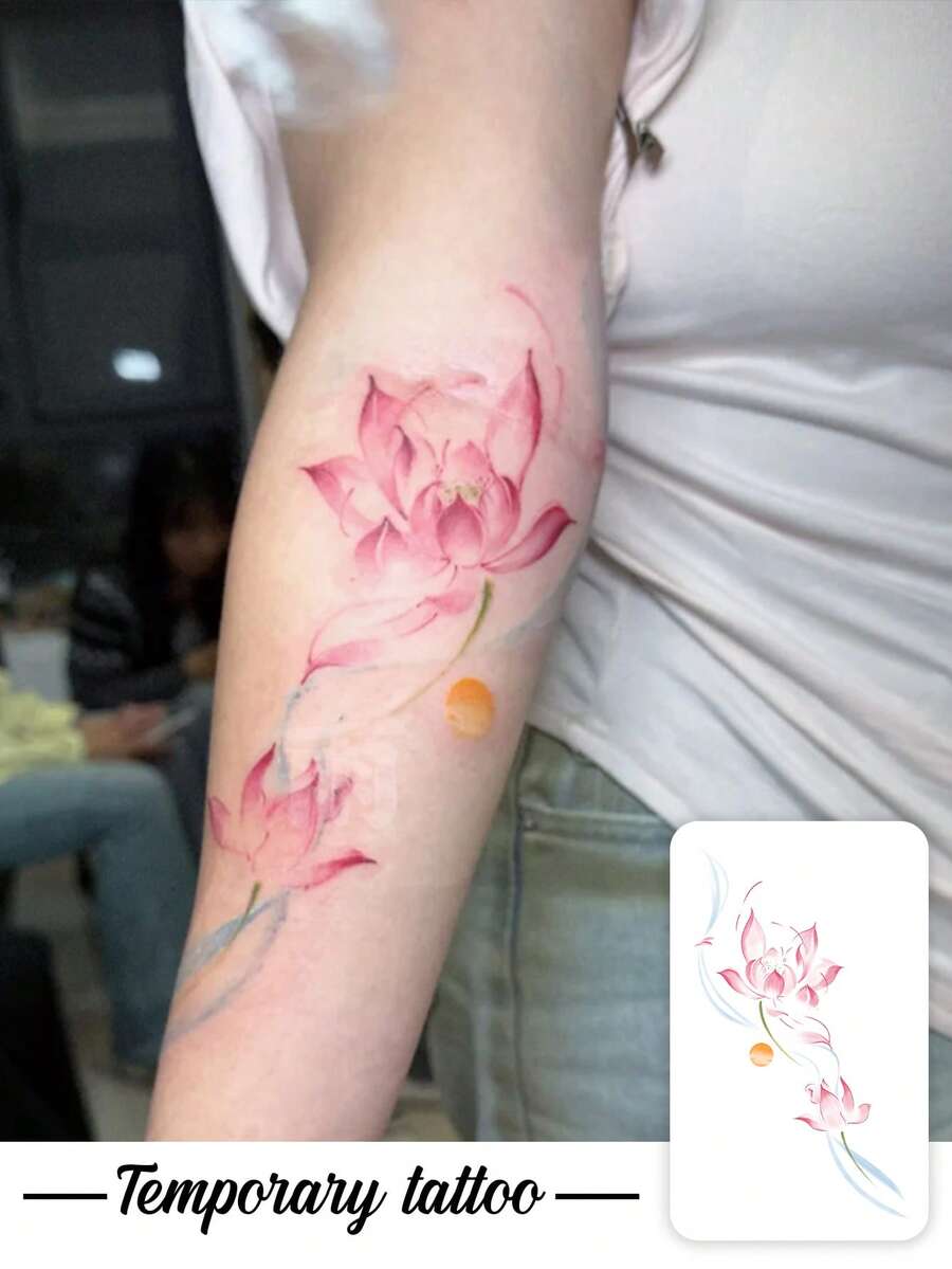 1pc Temporary Tattoo Sticker, Chinese Style Light Pink Lotus & Sunset Ink Wash Pattern, Realistic Fake Tattoo Design, For Daily Wear, Bachelorette Party Favors, Music Festival, Game, Graduation Gift, Lasts 3‑5 Days - Multicolor - View 1