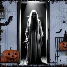 1 pieza Pancarta de puerta de Halloween oscura, calabaza multicolor, esqueleto, bruja, calavera, pared agrietada de terror, tela para cubrir la puerta, decoración espeluznante para el porche delantero y la puerta principal del hogar, decoración para fiesta de Halloween, casa embrujada, entrada del jardín, fondo de cabina de fotos, Navidad, Halloween - Fondo de Halloween - Ver 24