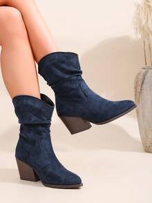 Women's Fashion Blue Suede Ruched Mid-Calf Boots, Slip-On Pointed Toe Chunky Heel Western Riding Boots, Autumn Wrinkled High Heel Long Boots, Slouchy - Blue - View 7