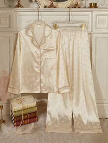 Women's Autumn/Winter Bow Jacquard Satin Patch Pocket Front Button Long Sleeve Pants Pajama Set - Champagne - View 1
