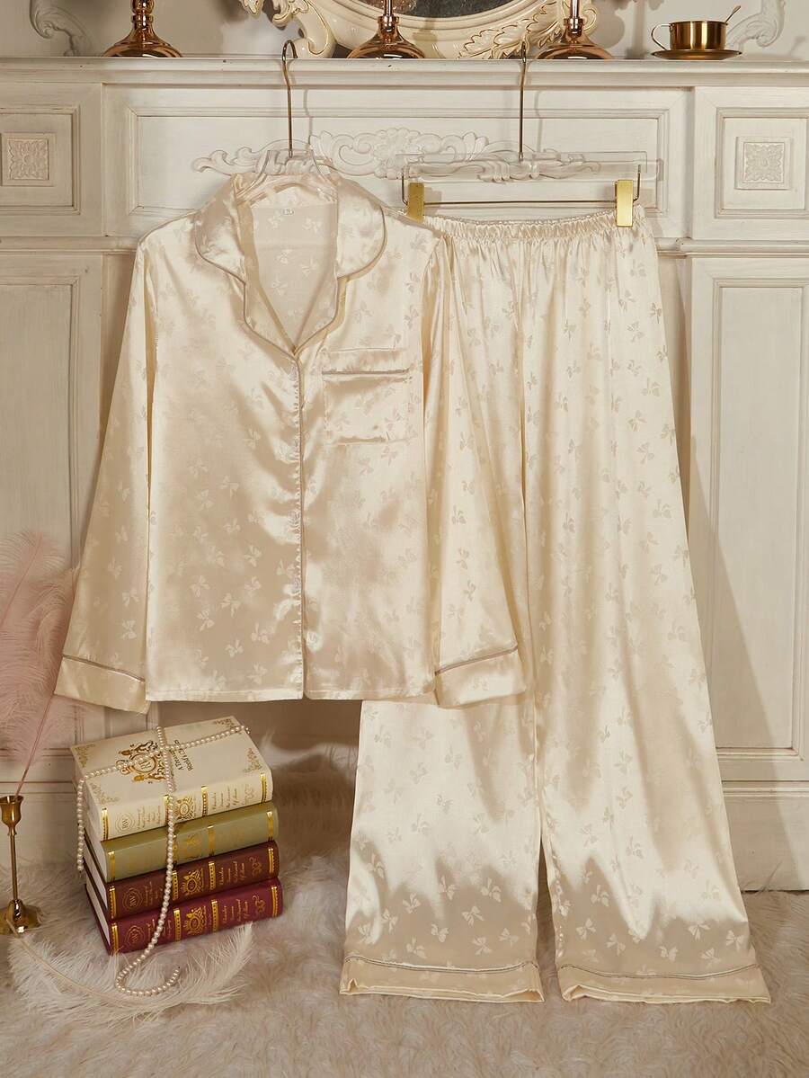 Women's Autumn/Winter Bow Jacquard Satin Patch Pocket Front Button Long Sleeve Pants Pajama Set - Champagne - View 1