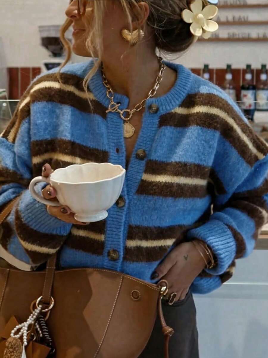 SEREN Women's New Contrast Color Striped Round Neck Knit Cardigan, Comfortable Long Sleeve Button Sweater For Autumn, Striped Design - Blue - View 1