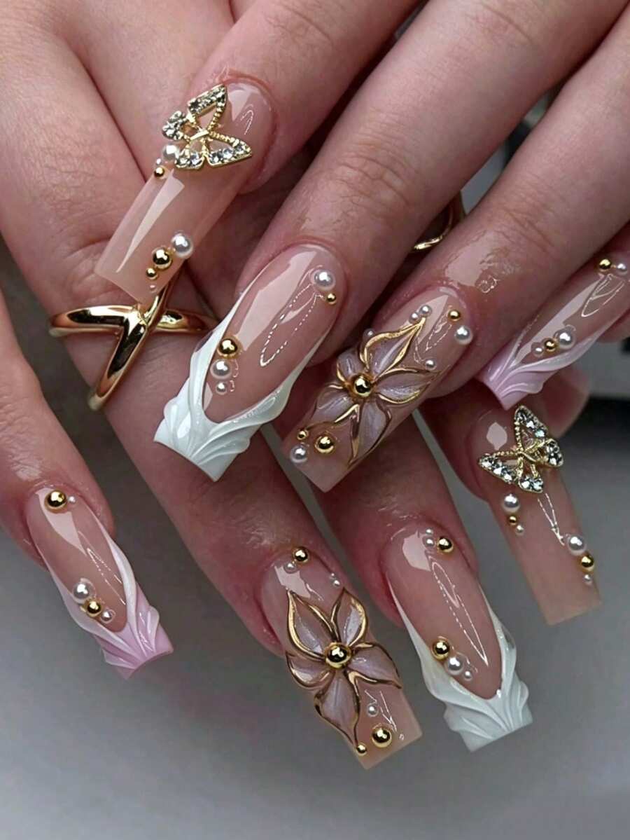 24pcs Long Square 3D Gel Press-On Nails, Pearl Decor, Floral And French Styles, Perfect Fit For Fingertips. Set Includes: 1pc Jelly Glue And 1pc Nail File