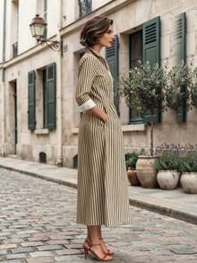 Autumn Casual Vacation Striped Colorblock Shirt Pocket Midi Dress - Khaki - View 2