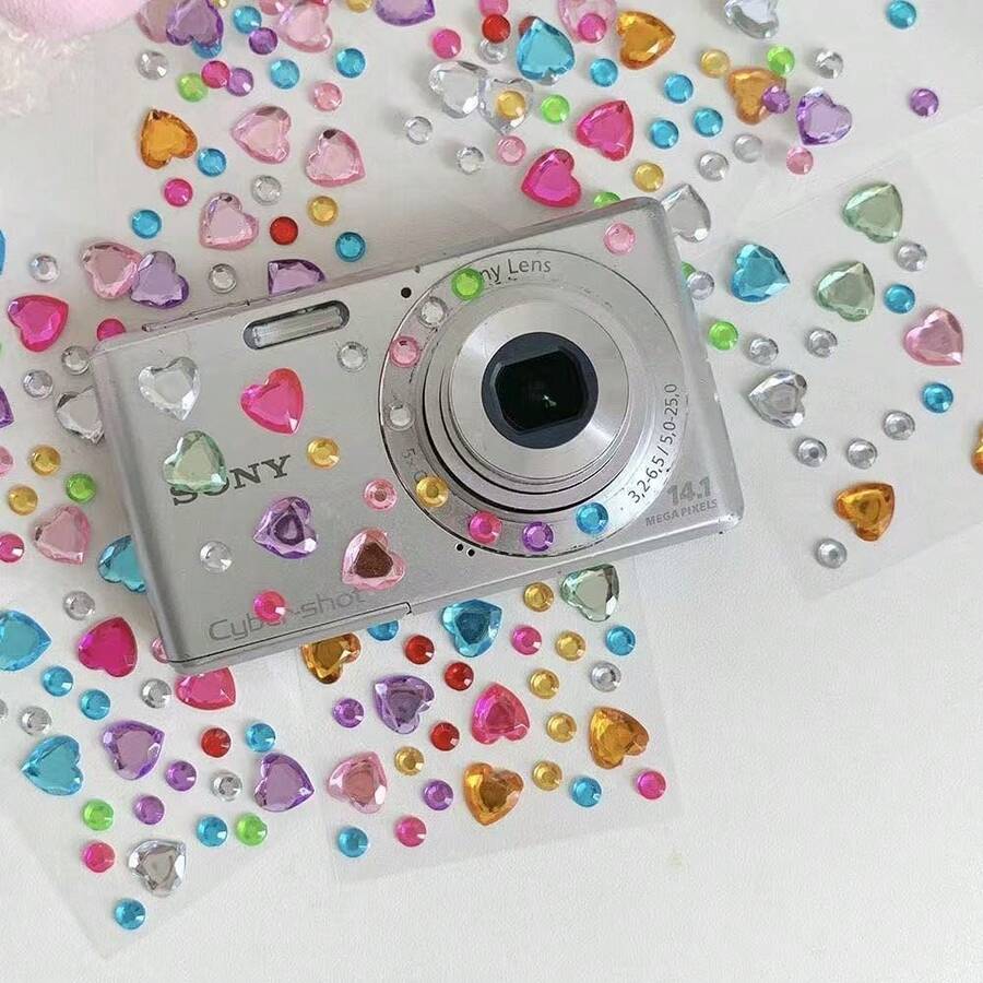 5Pcs/10Pcs Camera Stickers Ins Style Heart Diamond Stickers 3D Decorative Glitter Hand Account Stickers Crystal Phone Decorative Stickers Makeup Decals DIY Handmade Decorative Materials, Random Color - Multicolor - View 1