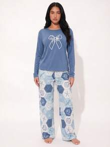 Early Autumn New Blue Women's 2-Piece Long Sleeve Pajama Set, Bow & Shell Print Long Sleeve Pants Set - Blue - View 2