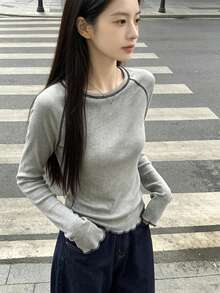 YCYC Korean Vintage Chic Contrast Stitching Round Neck Raglan Long Sleeve T-Shirt Women Frill Trim Line Undershirt Top - Grey - View 8