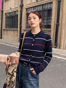 2026 Autumn Navy Blue Striped Polo Collar Knit Cardigan, Single-Breasted Metal Buttons, Slim Fit Short Length, Versatile For Commute And Daily Wear, Can Be Worn Alone Or Layered, Full Of Atmosphere - Navy Blue - View 6