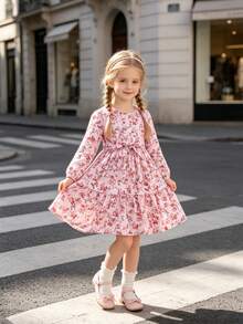 Young Girl Elegant Sweet Cute Gentle Lady Gift Minimalist Pretty Outdoor Street Comfortable Fashion Pink Vintage Exquisite Small Rose Floral Pattern Digital Print Round Neck Elastic Puff Cuff Long Sleeve Ruffle Hem A-Line Princess Dress Suitable For Spring And Autumn - Pink - View 4