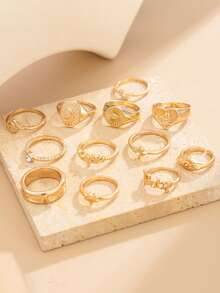 12 Pcs Vintage Ins Rhinestone Star Moon Stackable Rings Fashion Geometric Metal Heart Letter Rings, Suitable For Daily Wear - Gold - View 3