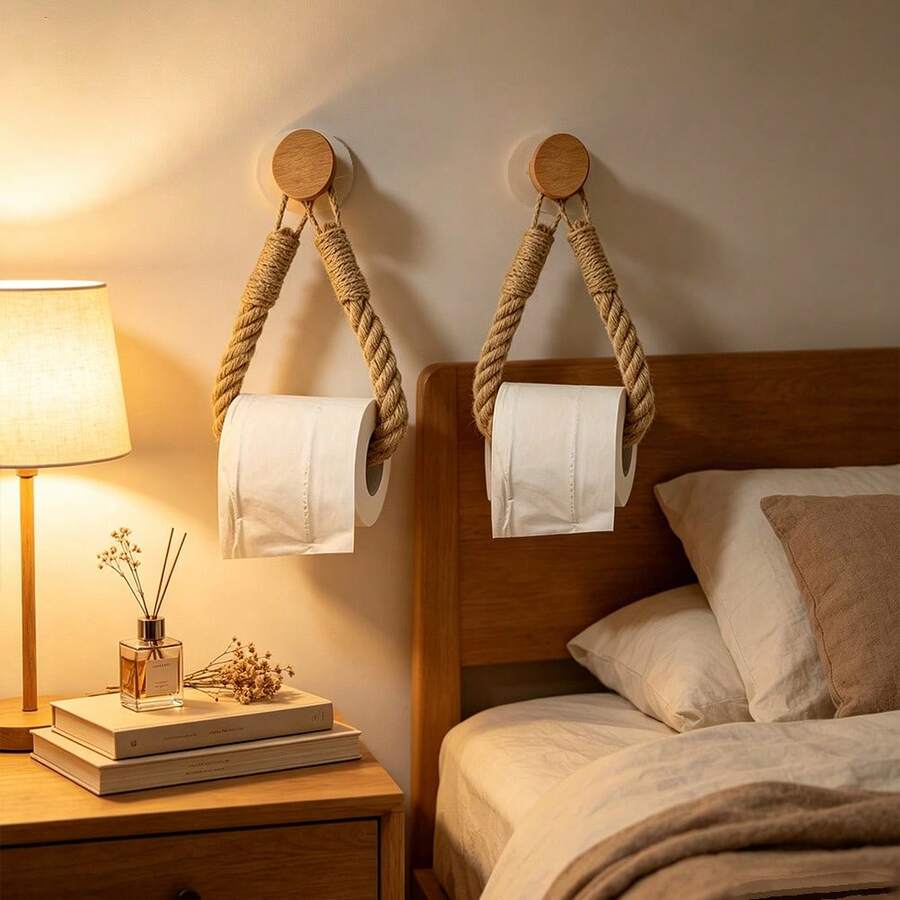 1/2pcs Handmade Jute Rope Toilet Paper Holder, Vintage Style Hook, Wall-Mounted Towel Ring, Toilet Paper Holder With Hook, Towel Rack, Natural Jute Rope, Bathroom Accessories - Khaki - View 1