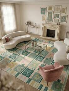 1PC Green Pink Yellow Plaid Totem Square Area Rug, Faux Cashmere Material Rectangular Vintage Pattern, Machine Washable Suitable For Living Room Bedroom Daily Home Decor, Aesthetic Home Decoration - Multicolor - View 2