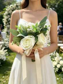 1 Bunch Ivory White Artificial Rose Bouquet, Suitable For Wedding, Proposal, Party, Church And Other Occasions - Multicolor - View 1