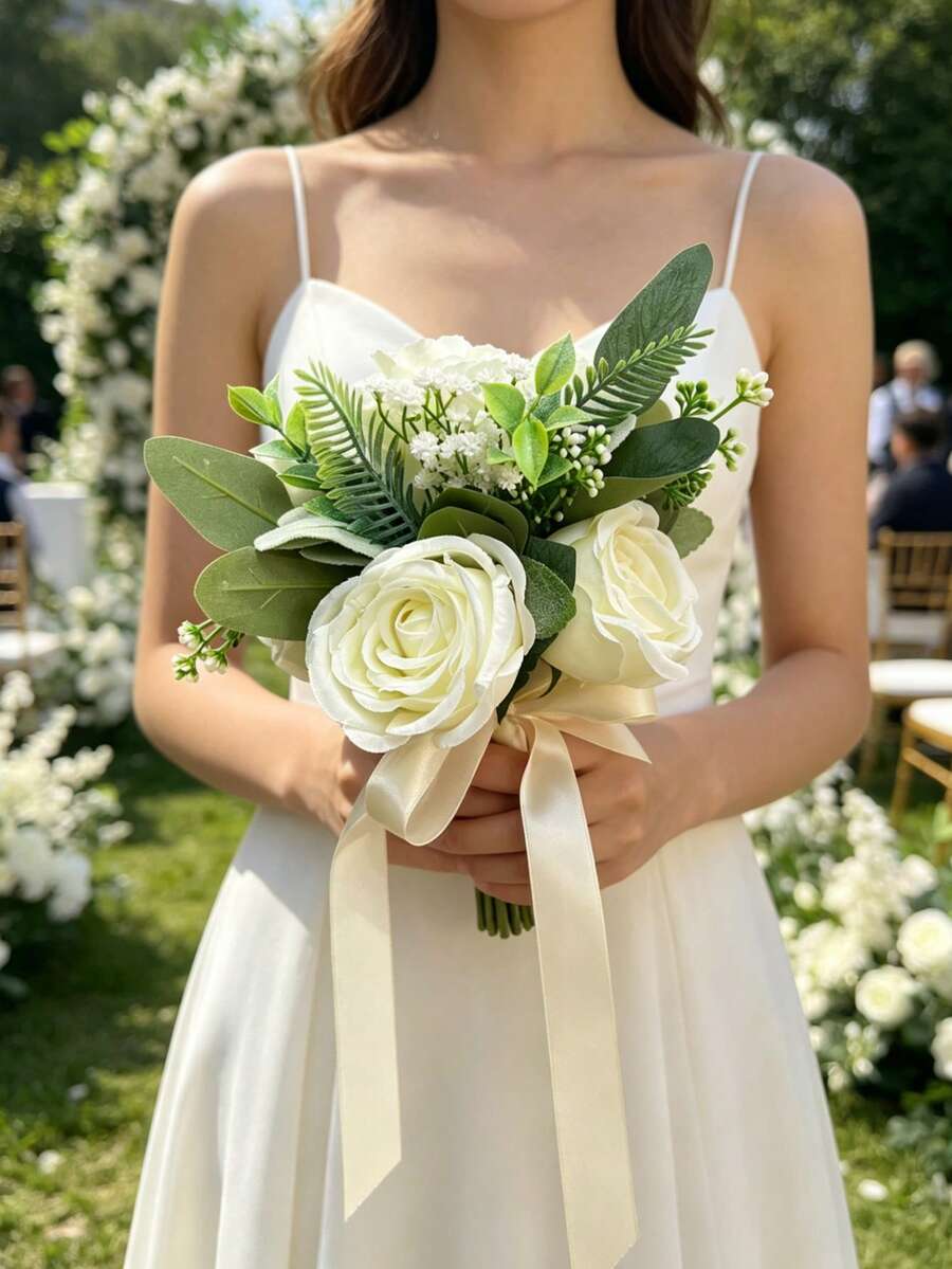 1 Bunch Ivory White Artificial Rose Bouquet, Suitable For Wedding, Proposal, Party, Church And Other Occasions - Multicolor - View 1