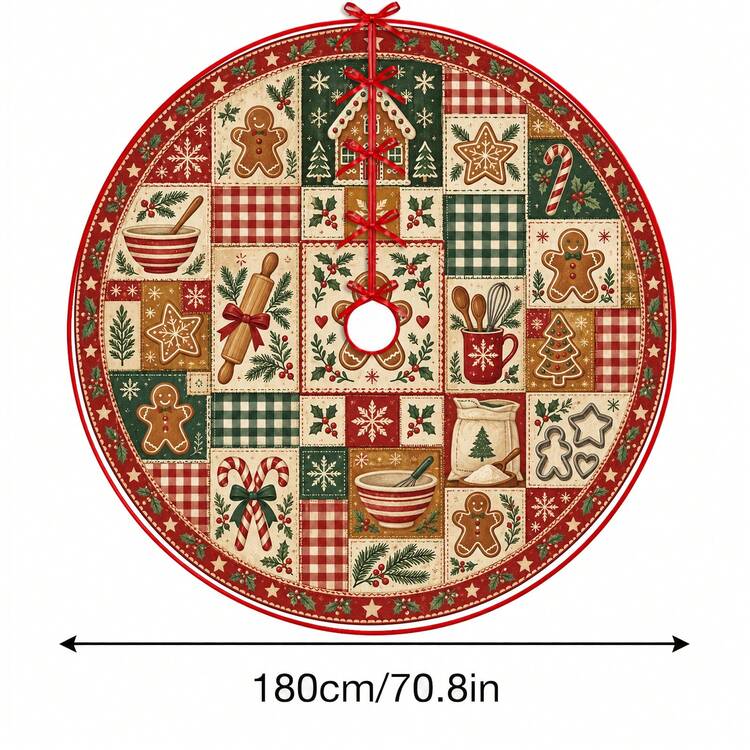 1pc Plaid Patchwork Gingerbread Baking Pattern Christmas Tree Skirt, Elegant Color Holiday Decor, 5 Sizes, Unisex Holiday Gift, Suitable For Home And Party Christmas Home Decoration - Gingerbread Patchwork Plaid - View 12