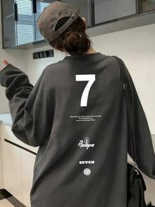 女款秋冬寬鬆極簡百搭字母印花長袖T恤 - 深灰色 - 查看 3