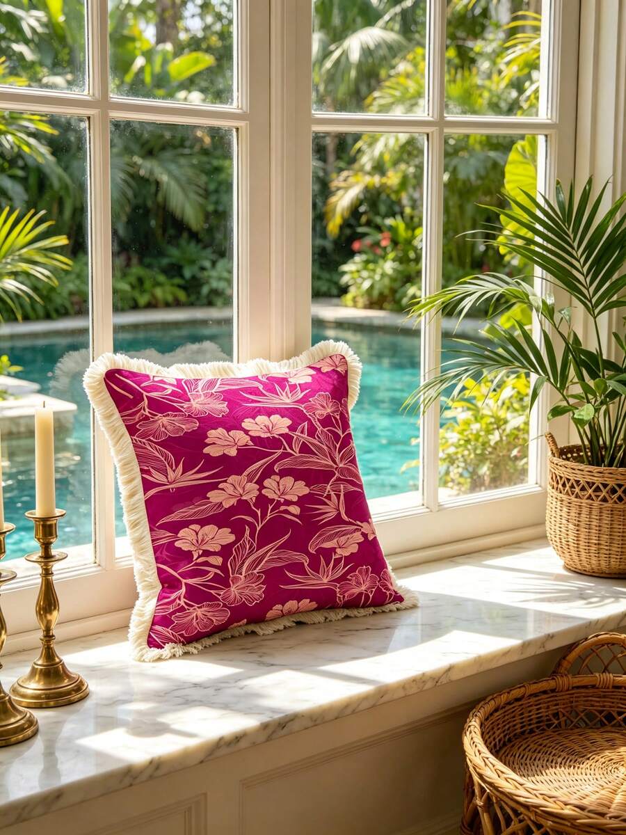 1pc Bohemian Floral Print Tassel Edge Pillowcase, Double-Sided Decorative Pillowcase, Rose Pink Floral Pattern, Home Decor, For Sofa, Bed, Bedroom (Pillow Insert Not Included) - Size Excluding 3cm Tassel - Multicolor - View 1