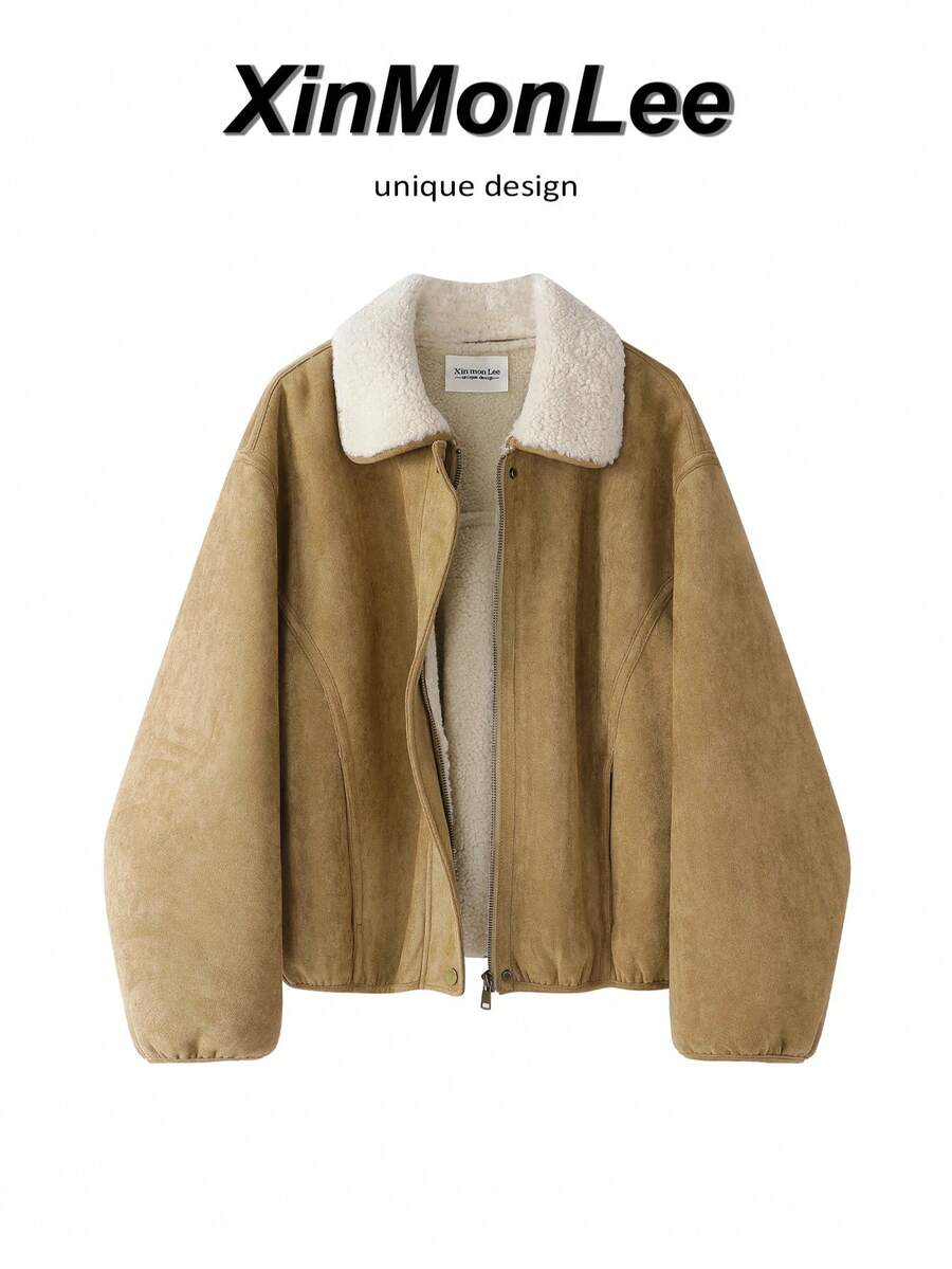 Maillard Lamb Wool Faux Fur Lapel Short Suede Jacket Zipper Jacket College Vacation Daily Autumn/Winter - Khaki - View 1