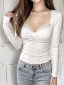 SCARLUX Fall Winter Y2K White Long Sleeve Top, Button Front Lace Hem Cropped Tee For Back To School Street Commute Home Daily Wear - White - View 1