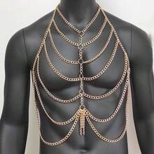 1pc European & American Men's Heavy Metal Necklace, Personalized Street Style Multi-Layer Gold Chest Chain, Exaggerated Performance Jewelry - Men's Body Chain - View 5