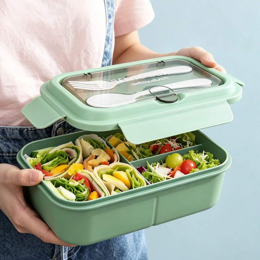 1pc Plastic Divided Lunch Box, Leak-Proof Lunch Box With Spoon And Fork, Microwave , Suitable For Work, Picnic, Lunch Bento Box - Multicolor - View 1