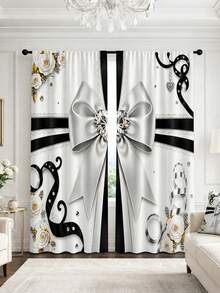 2Pcs Simple European Luxury Bow Camellia Wavy Print Pattern, Semi-Sheer Rod Pocket Curtains, Suitable For Living Room And Bedroom, Rod Not Included, Machine Washable - Black and White - View 2