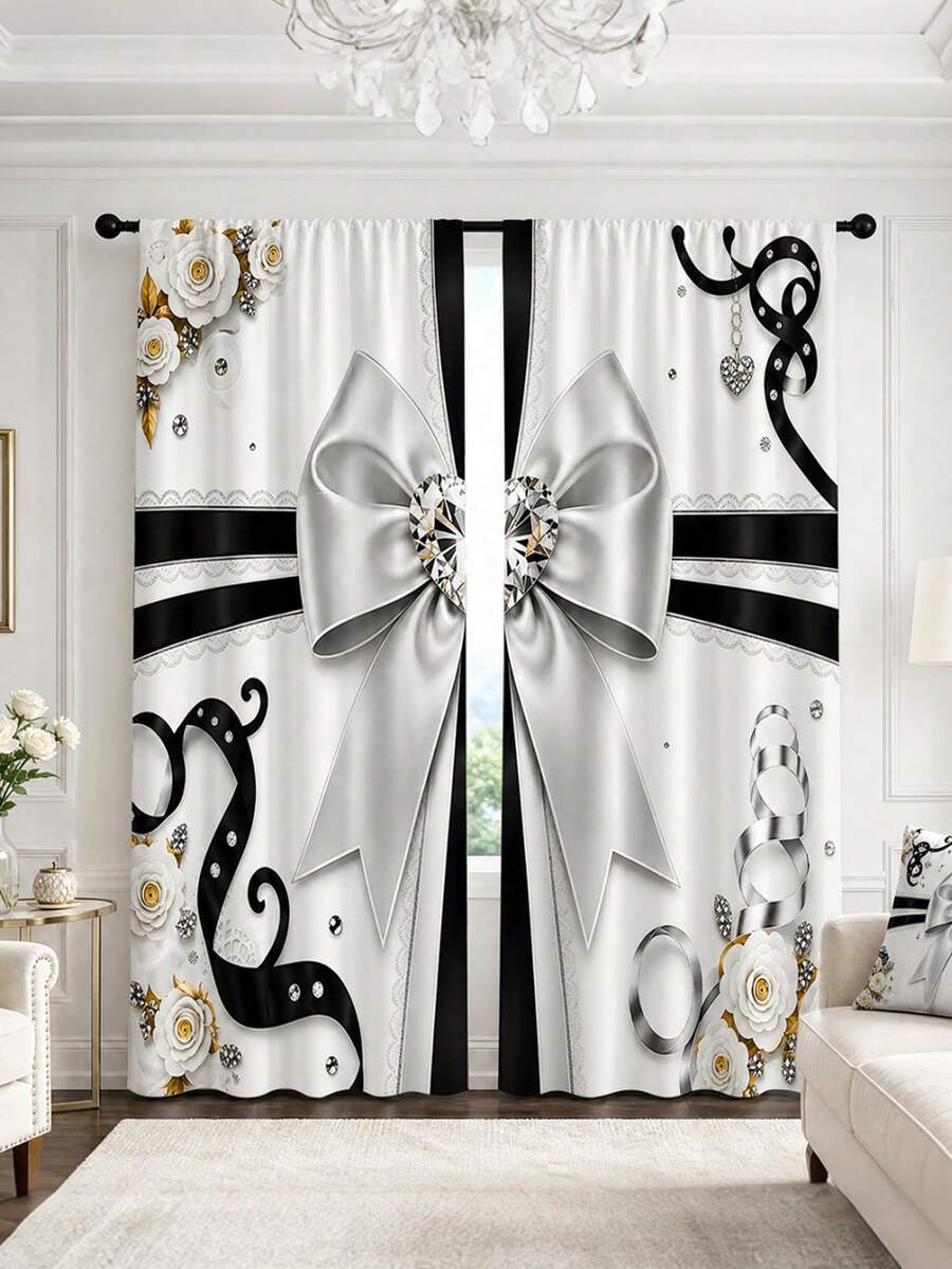 2Pcs Simple European Luxury Bow Camellia Wavy Print Pattern, Semi-Sheer Rod Pocket Curtains, Suitable For Living Room And Bedroom, Rod Not Included, Machine Washable