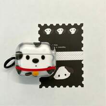 Cute Spotted Puppy Bluetooth Earphone Protective Case, With Black Round Ring Hook, Transparent Shell Body Printed With Black And White Spotted Puppy, Round Black Eyes, Red Collar With Yellow Bell, Soft And Healing. Wavy Asymmetrical Shell Body, Made Of Transparent Soft Material, Fits Bluetooth Earphone Body Tightly, Precise Charging Port Opening, Smooth Earphone Opening And Closing, Easy To Install And Remove. High-Definition Color Printing Process - Clear - View 6