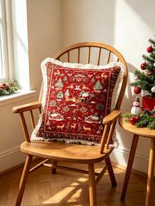 1PC Christmas Print Pillow Cover With Tassel Border, Double-Sided Decorative Pillowcase, Santa Claus Reindeer Pattern, Home Decoration, Sofa, Bed, Bedroom(Excluding Pillow Core)-Size Excludes 3cm Tassels - Multicolor - View 9