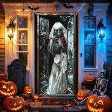 1 pieza Pancarta de puerta de Halloween oscura, calabaza multicolor, esqueleto, bruja, calavera, pared agrietada de terror, tela para cubrir la puerta, decoración espeluznante para el porche delantero y la puerta principal del hogar, decoración para fiesta de Halloween, casa embrujada, entrada del jardín, fondo de cabina de fotos, Navidad, Halloween - Fondo de Halloween - Ver 21
