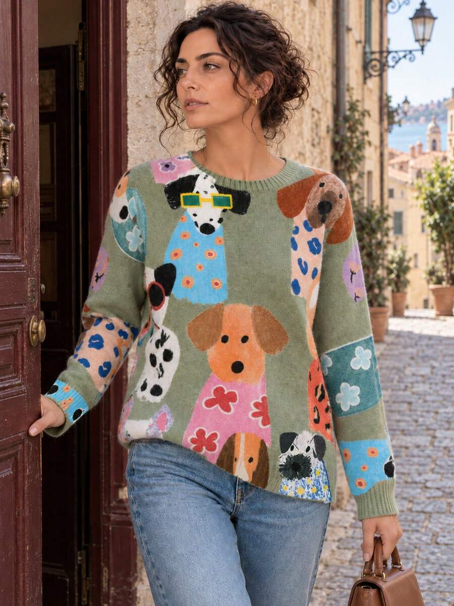 [All-Over Print][Lightweight] Autumn/Winter Casual Cute Puppy Pattern Crew Neck Knit Fashion Women's Lightweight Sweater, Suitable For Outings Fall - Green - View 1