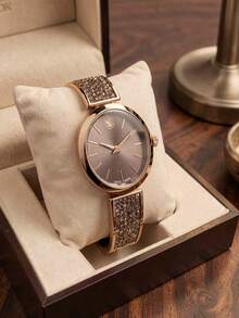 Swarovski 1pc Rose Gold Tone Oval Quartz Wrist Watch With Glass Rhinestone Strap, Elegant Women Watch For Daily Party - Brown - View 2