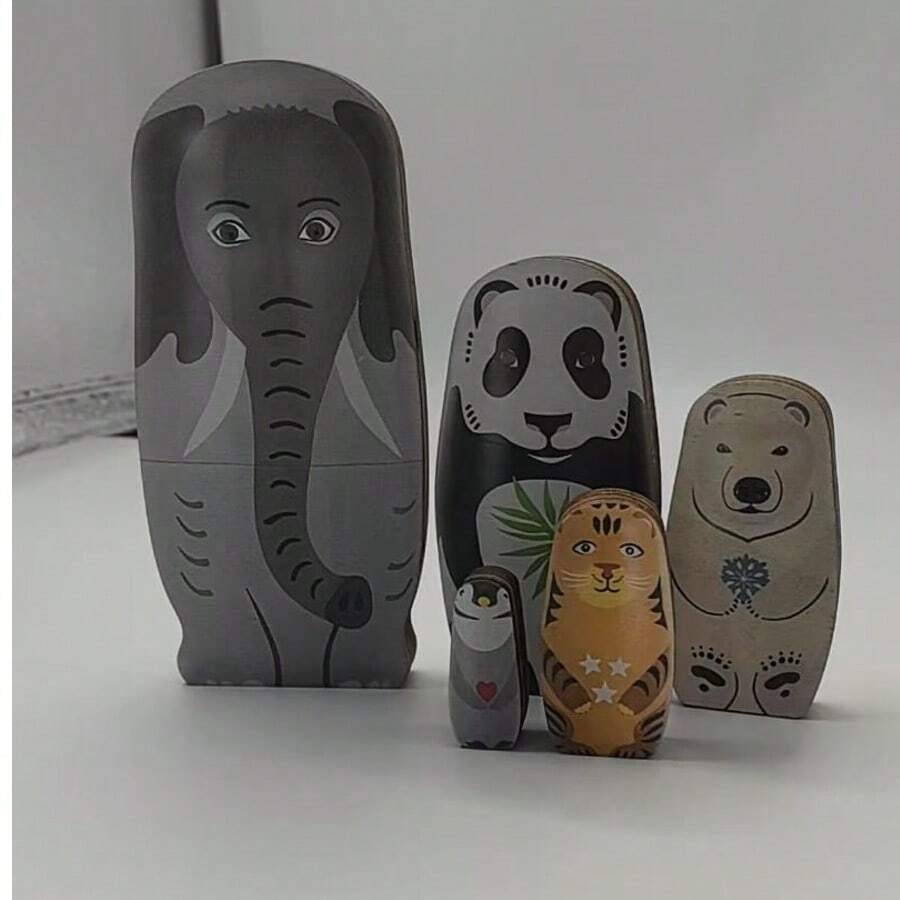 跨境動物彩繪木製收納裝飾品,大象、熊貓、老虎、北極熊、企鵝造型,多層嵌套設計,居家桌面裝飾,獨特手工禮品擺飾 - A - 查看 1
