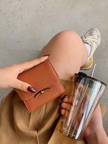 Stylish Cognac Knot Wallet, Pebbled Leather Flap Card Holder, Mini Envelope Purse For Women - Brown - View 4