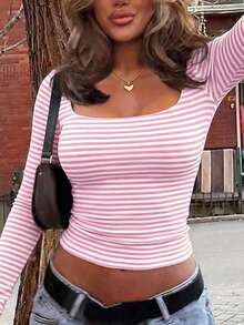 Vaiaye 女款春夏性感修身長袖針織上衣，純色方領T恤 - 粉紅白條紋 - 查看 7