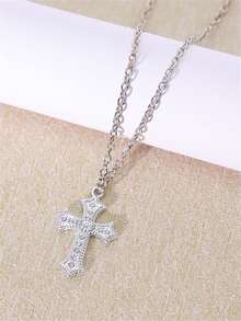 Vintage Gothic Punk Rhinestone Cross Necklace Unisex, Minimalist Personalized Casual Style Daily Wear Cross Necklace - Silver - View 5