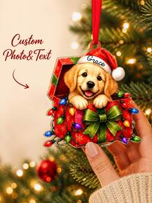 1pc Custom Photo Name Christmas Dog Ornament, Personalized Pet Portrait Tree Decor, Golden Retriever In Gift Box, Name On Santa Hat, Red Ribbon Holiday Keepsake, Red Green Festive Puppy Design, Pet Lover Gift, Christmas Decoration,Christmas Gift - Multicolor - View 1