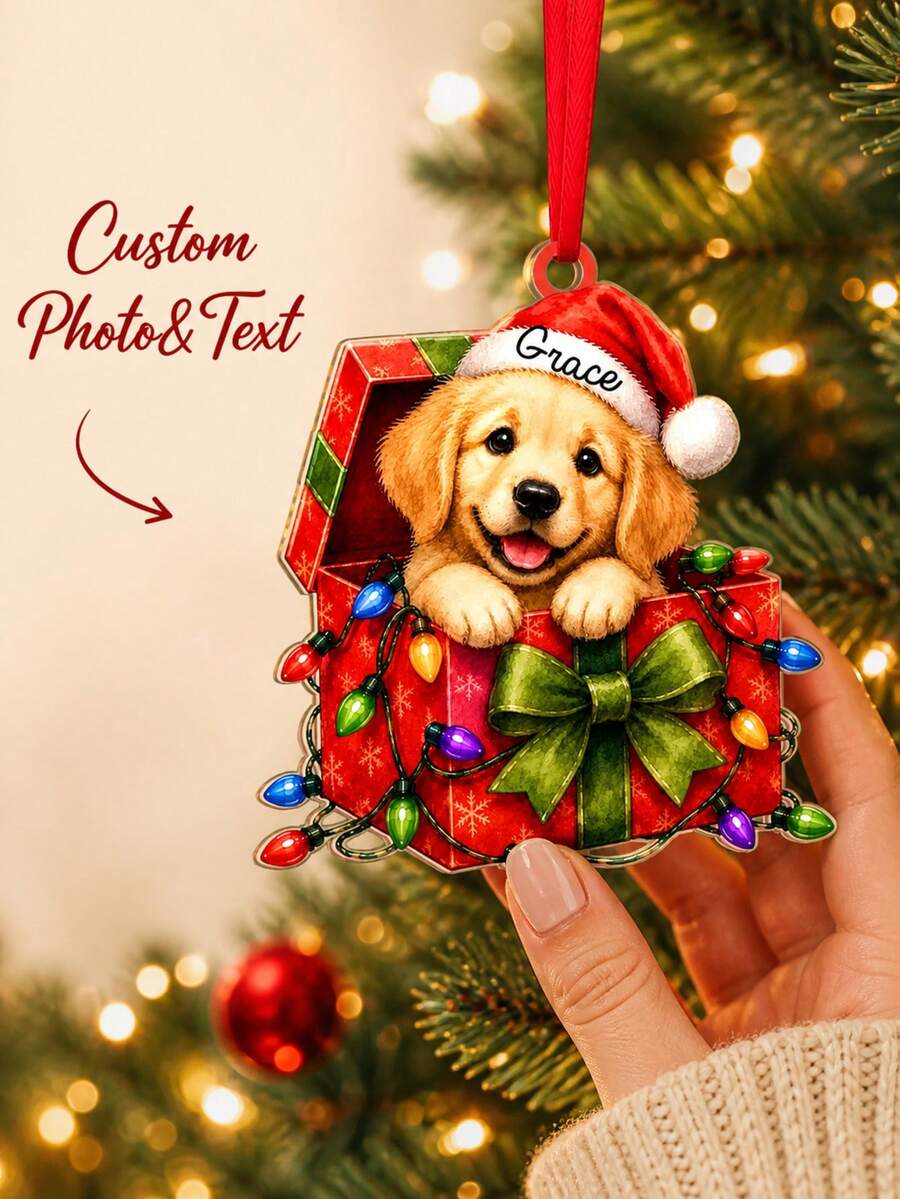 1pc Custom Photo Name Christmas Dog Ornament, Personalized Pet Portrait Tree Decor, Golden Retriever In Gift Box, Name On Santa Hat, Red Ribbon Holiday Keepsake, Red Green Festive Puppy Design, Pet Lover Gift, Christmas Decoration,Christmas Gift - Multicolor - View 1