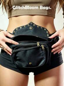 New Black Rivet Flap Cargo Style Style Multifunctional Simple Canvas Waist Bag Unisex Handmade Travel - Black - View 4