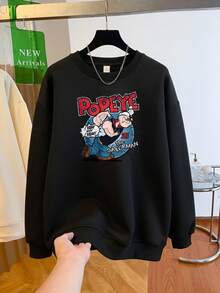 American Vintage Cartoon Print Black Crew Neck Sweatshirt Women Autumn Loose Fit - Black - View 4