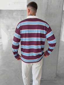 Men's Purple & Blue Colorblock Gradient Striped Polo Collar Long Sleeve Casual Retro Top, Suitable For Commute, Campus And Daily Wear, Spring/Autumn - Blue - View 6