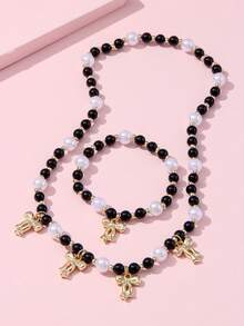 2Pcs Bow Pearl Beaded Necklace & Bracelet Set, For Autumn & Winter Daily Wear, Birthday & Year-End Party Gifts For Girls - Black - View 1