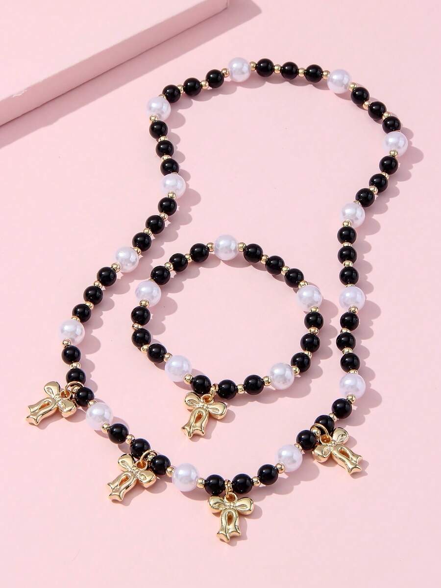 2Pcs Bow Pearl Beaded Necklace & Bracelet Set, For Autumn & Winter Daily Wear, Birthday & Year-End Party Gifts For Girls - Black - View 1